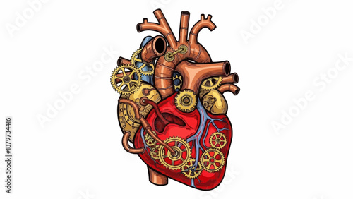 A visually striking steampunk heart illustration blends anatomical detail with intricate clockwork mechanisms and golden metallic components