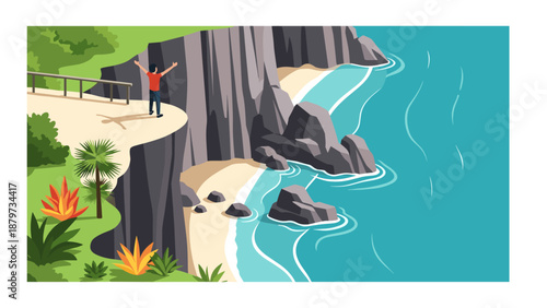 Isometric coastal landscape with person enjoying scenic ocean view from cliff edge