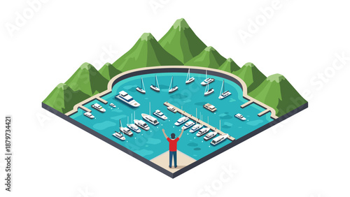 Isometric yacht harbor with mountains and boats