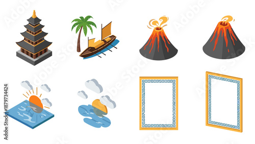 Isometric icons: asian architecture, volcanoes, boats, and ocean elements