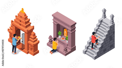 Isometric hindu rituals: gate offerings, meditation, and temple steps scenes