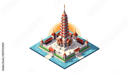 Isometric pagoda temple with moat and sunset background