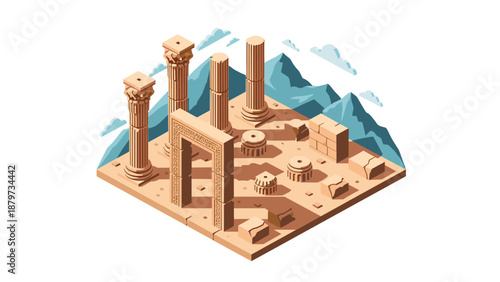Isometric ancient ruins with columns and mountains in background