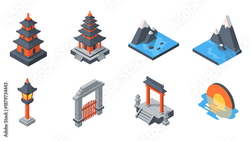 Isometric asian landmarks and landscape icons: pagoda, mountains, gates, lanterns, sunset