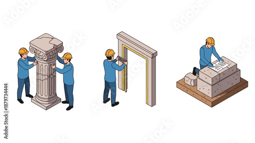 Isometric architecture: engineers measuring classic columns and blueprints