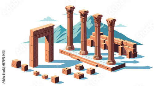 Ancient greek ruins with doric columns in isometric design against a mountainous backdrop