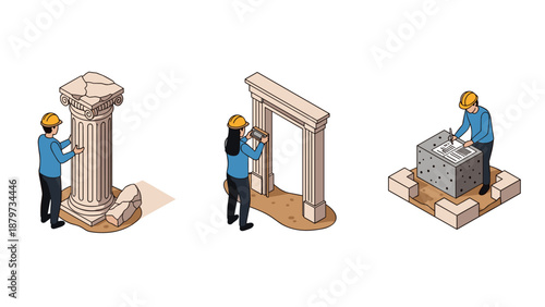 Isometric archaeologists examining ancient structures