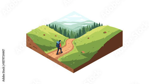 Isometric hiking scene with backpacker in mountain landscape