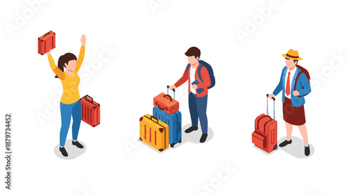 Travelers with suitcases in isometric style: business, leisure, and exploration