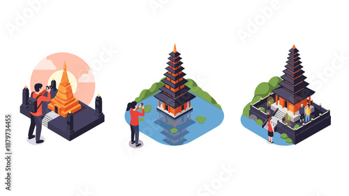Tourists exploring asian temples in isometric design with vibrant colors and unique architecture
