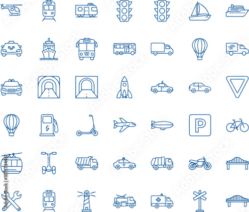 An extensive set of modern blue line art icons depicting various forms of transportation and urban services