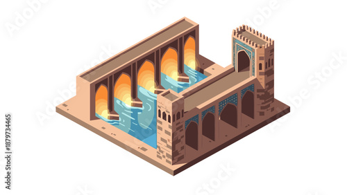 Isometric ancient bridge with water flowing through historic arches
