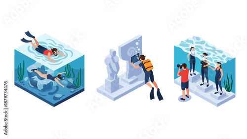 Isometric scenes of scuba diving activities and underwater explorations