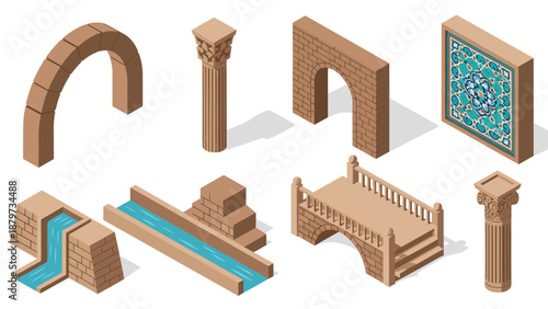 Ancient architecture elements in isometric design with classical patterns and stone structures