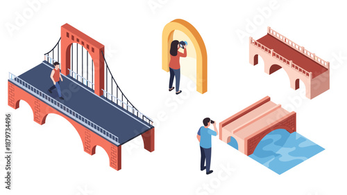 Isometric bridge exploration with tourists in urban setting