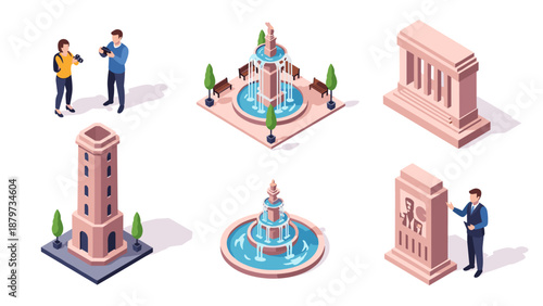 Isometric urban landmarks and elements with people in modern flat design