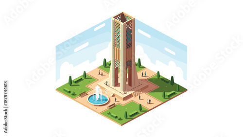 Isometric view of futuristic tower with surrounding park and fountain
