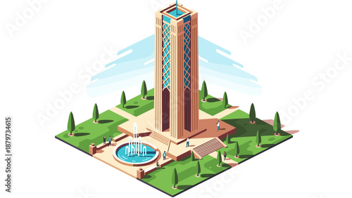 Futuristic isometric park with skyscraper and fountain
