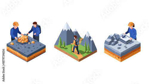 Mining, hiking, and construction in isometric terrain models