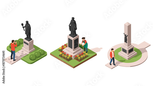 Historical monuments in isometric art with people observing and maintaining statues