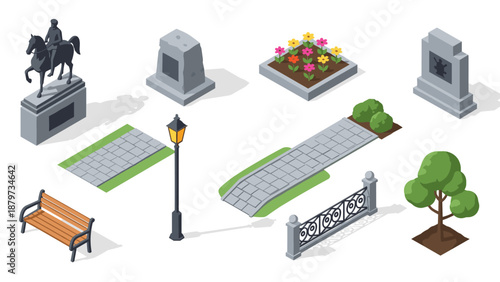 Isometric park elements with monuments, pathways, and garden features