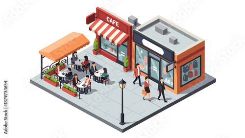Isometric city block with cafe and shops in urban setting