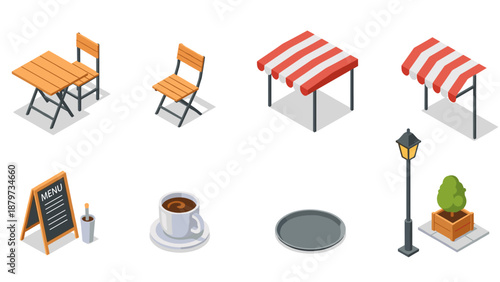 Isometric outdoor cafe elements with furniture, awnings, and accessories