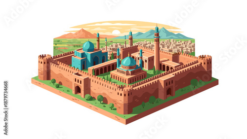 Isometric medieval fort with blue domes and towers in a historic landscape