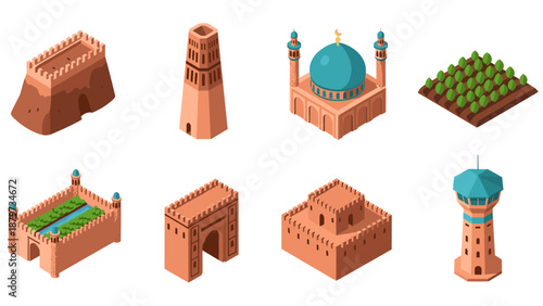 Isometric middle eastern architecture: castles, towers, and gardens