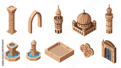 Isometric middle eastern architecture collection: domes, minarets, and arches
