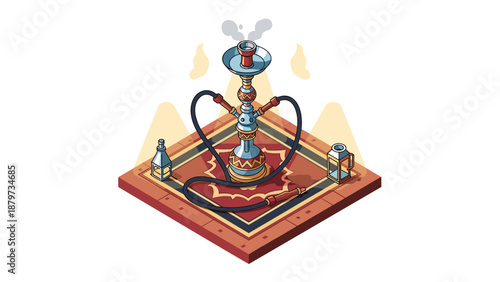 Intricate isometric hookah design with detailed rug and lanterns