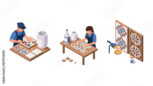 Isometric tile making process with artisans creating intricate patterns