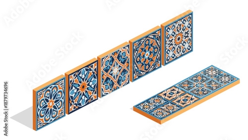 Artistic isometric tiles showcasing intricate geometric patterns and vibrant colors