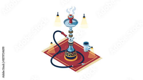 Isometric hookah with traditional design on a carpet with spotlight effects