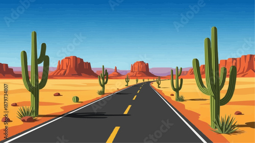 a desert road with cacti and red rock formations under a clear blue sky on a sunny day