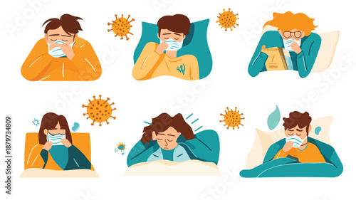 Diverse Characters Experiencing Illness with Masks and Symptoms