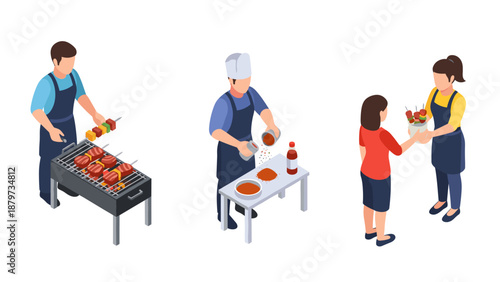 Isometric barbecue scenes: grilling, seasoning, and sharing food