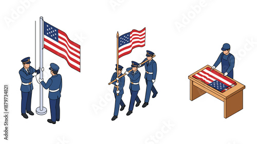 American flag ceremony in isometric style featuring honor guard and folding process
