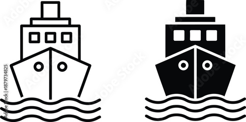 Front view of a maritime vessel icon sailing on water presented in both outline and solid styles