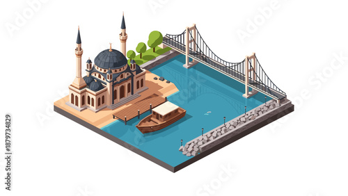 Isometric cityscape with mosque and bridge scene by the water