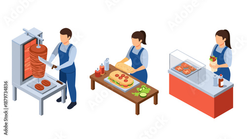 Isometric street food vendors: preparing kebabs, sandwiches, and salads at market stalls