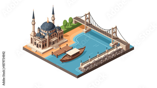 Isometric coastal scene with mosque, bridge, and boat in a tranquil setting