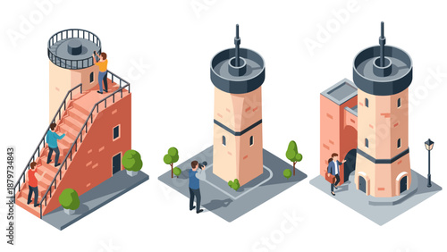 Isometric medieval towers with tourists and photographers in urban setting