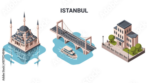Isometric istanbul landmarks: mosque, bridge, and historic building