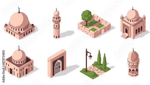 Isometric middle eastern architecture elements with mosque domes and minarets
