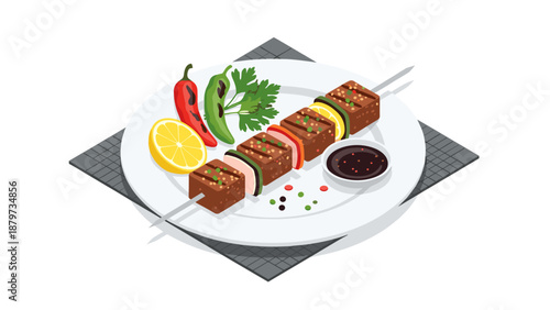 Isometric grilled meat skewers with spices on a plate