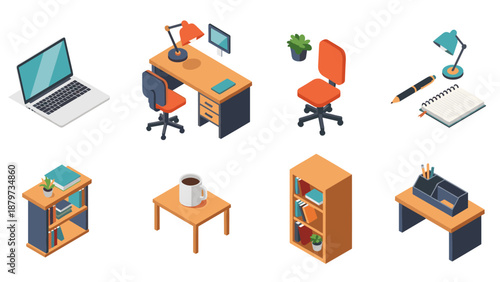 Isometric office items collection with desk, chair, laptop, and accessories