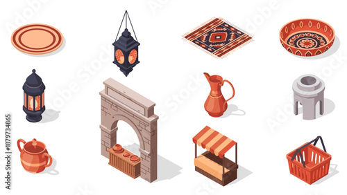 Isometric middle eastern market elements with lanterns and pottery on white background