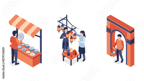 Isometric market scene with vendors and shoppers engaged in daily activities
