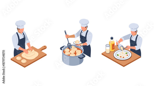 Isometric professional chefs preparing and cooking delicious dishes